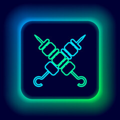 Glowing neon line Crossed grilled shish kebab on skewers stick icon isolated on black background. Meat kebab on skewers stick. Picnic with grill meat. Colorful outline concept. Vector