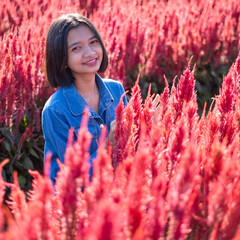 ASian young girl at beautiful flower farm,Asian girl.