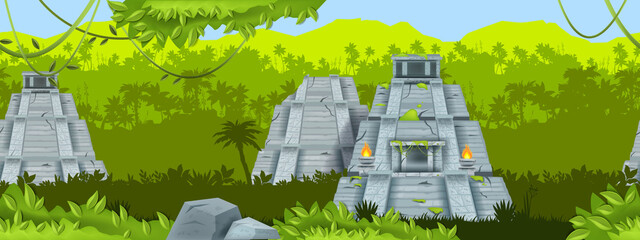 Maya ancient pyramid vector seamless background, jungle outline landscape, Mexico stone temple. Aztec old ruin, travel landmark illustration, palm silhouette, rainforest liana. Maya pyramid banner - obrazy, fototapety, plakaty