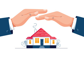 Property insurance concept. Male hands are covering the house building. Real estate protection, Home safety security, Property insurance for web, banner, email design. Modern flat vector illustration