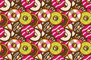 Group of colorful sweet donuts with glaze and sprinkles background. Top view doughnut seamless pattern backdrop wallpaper. Dessert and bakery concept. Trendy cute cartoon food vector illustration.