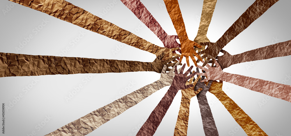 Poster Business success unity and diverse teamwork concept as a team metaphor for joining a partnership as a symbol of corporate diversity connected together for cooperation and working collaboration