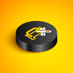Isometric line Car with screwdriver and wrench icon isolated on yellow background. Adjusting, service, setting, maintenance, repair, fixing. Black circle button. Vector