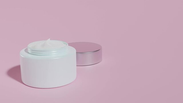 Moisturizing face cream in jar. Cosmetic products for skincare makeup on pink background. 3D animation. Web banner. Copy space.