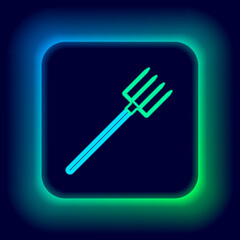 Glowing neon line Garden pitchfork icon isolated on black background. Garden fork sign. Tool for horticulture, agriculture, farming. Colorful outline concept. Vector