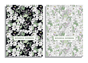 Botanical notebook. Design cover book. Vector illustration. pattern with blooming apple tree branches. Spring flowers flower background. School Notebook