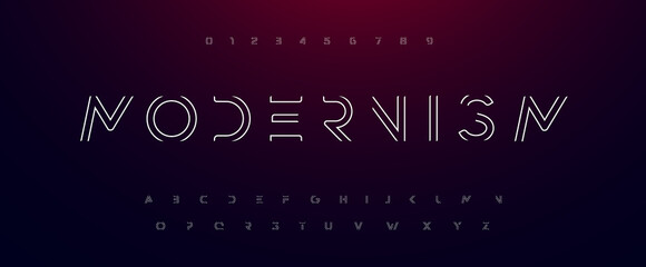 Modernism alphabet. Outline thin lines font like road, maze, frame. Futuristic techno type for scifi logo, contour neon headline or hud monogram. Minimal letters and numbers vector typographic design - obrazy, fototapety, plakaty