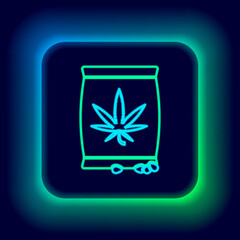 Glowing neon line Marijuana or cannabis seeds in a bag icon isolated on black background. Hemp symbol. The process of planting marijuana. Colorful outline concept. Vector