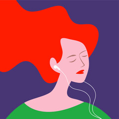 vector flat design illustration of a girl with earphones in her ears listening to a podcast, audio book or music in trendy colors. useful for advertising music channel, podcast, online music services