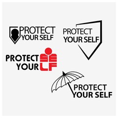Protect your self typography with people, shield and umbrella. Creative lettering vector.