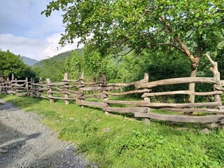 Fototapeta na wymiar Village trail with wood fence. Path in the village. Village road with green trees