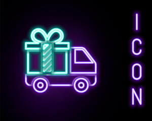 Glowing neon line Delivery truck with gift icon isolated on black background. Colorful outline concept. Vector