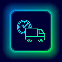 Glowing neon line Logistics delivery truck and clock icon isolated on black background. Delivery time icon. Colorful outline concept. Vector