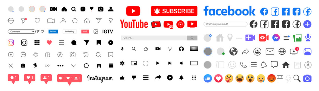 Instagram, Facebook icons, symbols. Template frame for social media. Screen interface. Youtube, youtube kids, YouTube Music, YouTube TV, YouTube VR. Kyiv, Ukraine - May 30, 2021