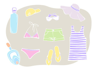Most popular clothing on vacation. Summer beach set. Striped sleeveless tank top, sun hat, sunglasses, slippers, swimsuit and summer shorts. Hand drawn sketch. Colourful Vector illustration on white.