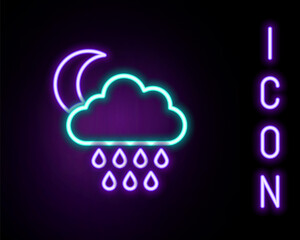 Glowing neon line Cloud with rain and moon icon isolated on black background. Rain cloud precipitation with rain drops. Colorful outline concept. Vector