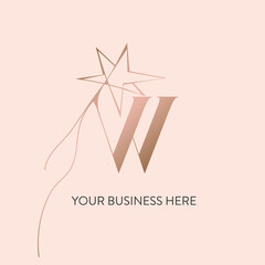 Letter W logo.Typographic icon.Uppercase lettering sign isolated on light background.Decorative star alphabet initial.Elegant, feminine, luxury, wedding style.Gold color.