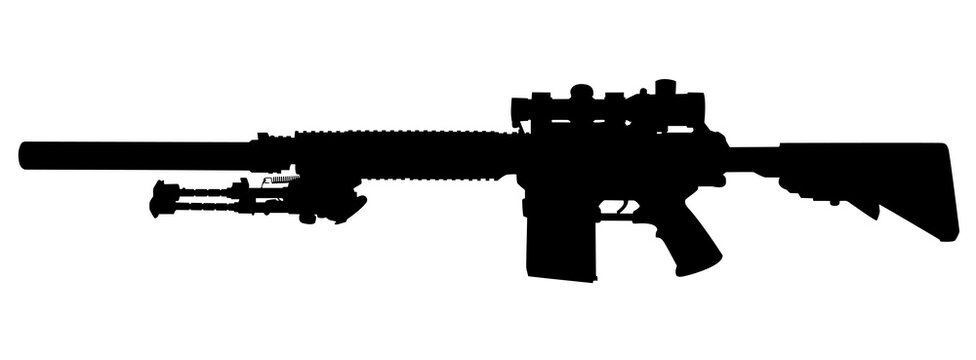 Vector image silhouette of modern military sniper rifle symbol illustration isolated on white background. Army and police weapons.