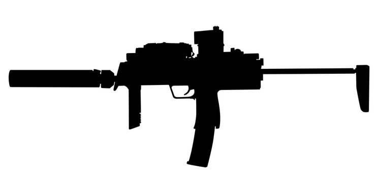 Vector image silhouette of modern military assault submachine rifle symbol silhouette illustration isolated on white background. Army and police weapons.