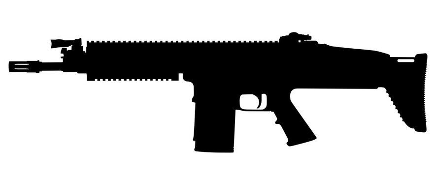Vector image silhouette of modern military assault rifle symbol illustration isolated on white background. Army and police weapons.