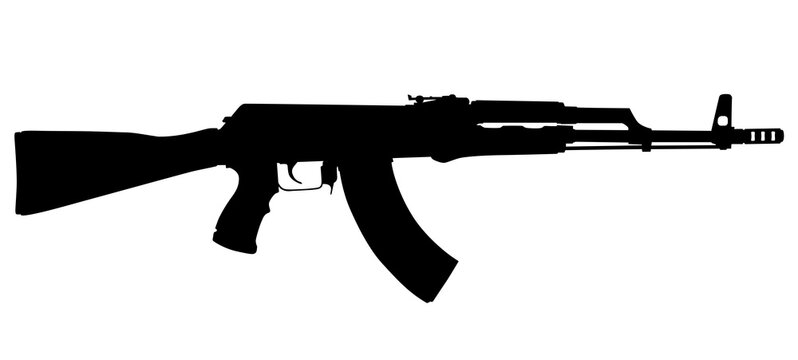 Vector image silhouette of modern military assault rifle symbol illustration isolated on white background. Army and police weapons.