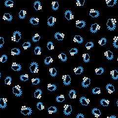 Line Cloudy with snow icon isolated seamless pattern on black background. Cloud with snowflakes. Single weather icon. Snowing sign. Vector