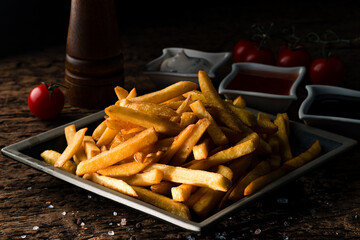 Delicious french fries and ketchup. fast unhealthy food background, closeup on wooden background