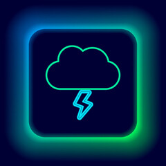 Glowing neon line Storm icon isolated on black background. Cloud and lightning sign. Weather icon of storm. Colorful outline concept. Vector