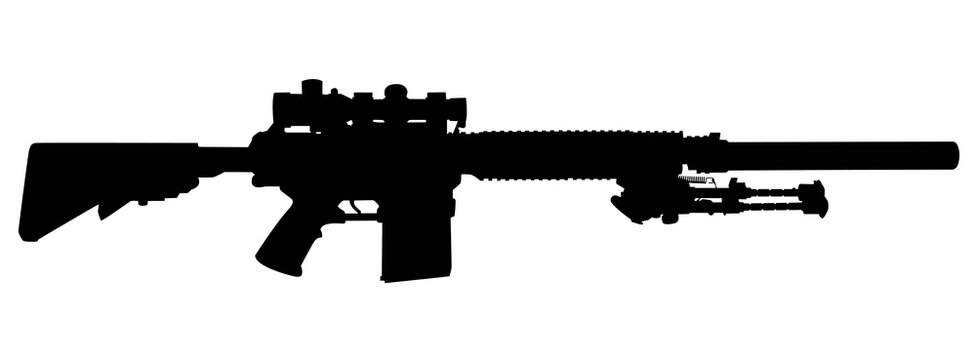 Vector image silhouette of modern military sniper rifle symbol illustration isolated on white background. Army and police weapons.