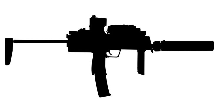 Vector image silhouette of modern military assault submachine rifle symbol silhouette illustration isolated on white background. Army and police weapons.