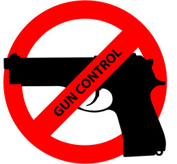 Caution sign about gun control. Restricted area, guns banned. Vector image silhouette, illustration isolated on white background.