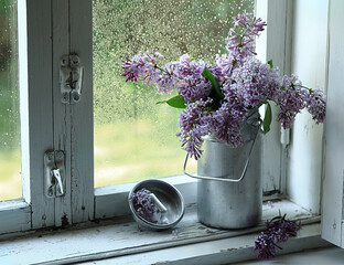 Lilac branches in a metal vase on a white wooden window.