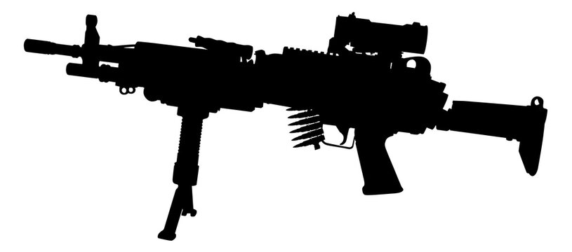 Vector image silhouette of modern military machine gun symbol illustration isolated on white background. Army and police weapons.