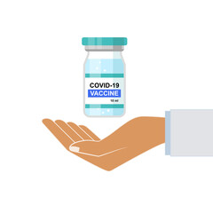 Coronavirus vaccine in a hand. Virus protection concept. Sars or Covid-19 vaccination with vaccine bottle. Time to vaccinate. Isolated vector illustration on white background.