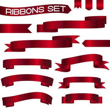 Realistic red vector set of ribbons in different shapes