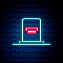 Glowing neon line Tombstone with RIP written on it icon isolated on brick wall background. Grave icon. Colorful outline concept. Vector