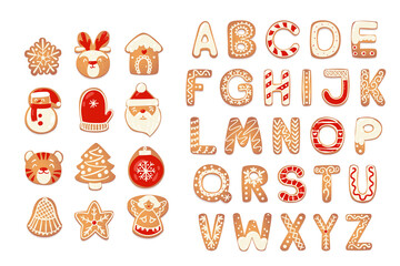 Christmas gingerbread cookies alphabet with figures. Biscuit letters, characters for xmas messages and design. Vector illustration with decorations.