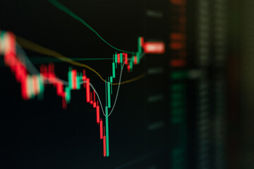 Close up of Bitcoin and Cryptocurrency stock market exchange candlestick chart. Green bullish...