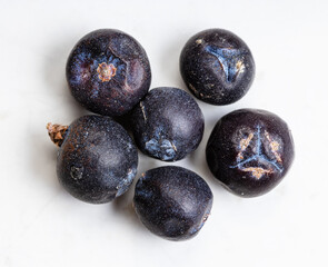 few dried juniper berries close up on gray