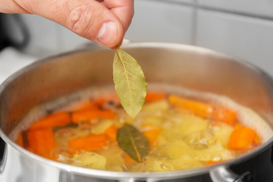 The Chef Cooks Finnish Salmon Soup. The Cook Puts A Bay Leaf In A Saucepan.