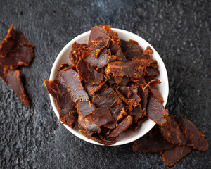 Dried Beef Jerky snack in white bowl