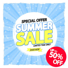 Summer Sale up to 50% off, poster design template, season best offer, discount banner, vector illustration