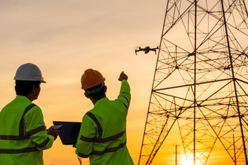 Engineers location help Technician use drone to fly inspections at the electric power station to...