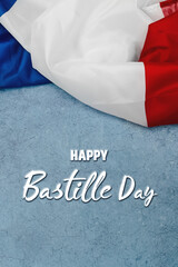 Happy Bastille Day. 14th July. Flag of France on a blue background with text. Celebrating a public...