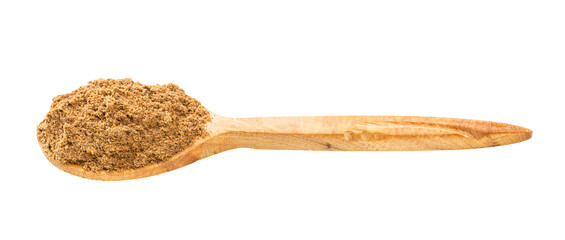 wooden spoon with nutmeg powder isolated on white - obrazy, fototapety, plakaty