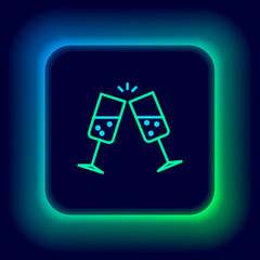 Glowing neon line Glass of champagne icon isolated on black background. Colorful outline concept. Vector