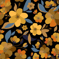 Watercolor sakura and thorns pattern. Seamless natural texture with blossom cherry tree branches. Hand drawn japanese yellow flowers on dark black background. Vector illustration
