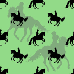 seamless sports background, equestrian sports, silhouettes of riders on colored background