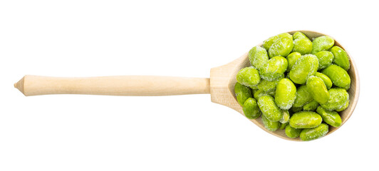 top view of unripe soybeans in wood spoon isolated