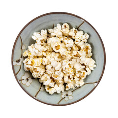 top view of popcorn in ceramic bowl isolated